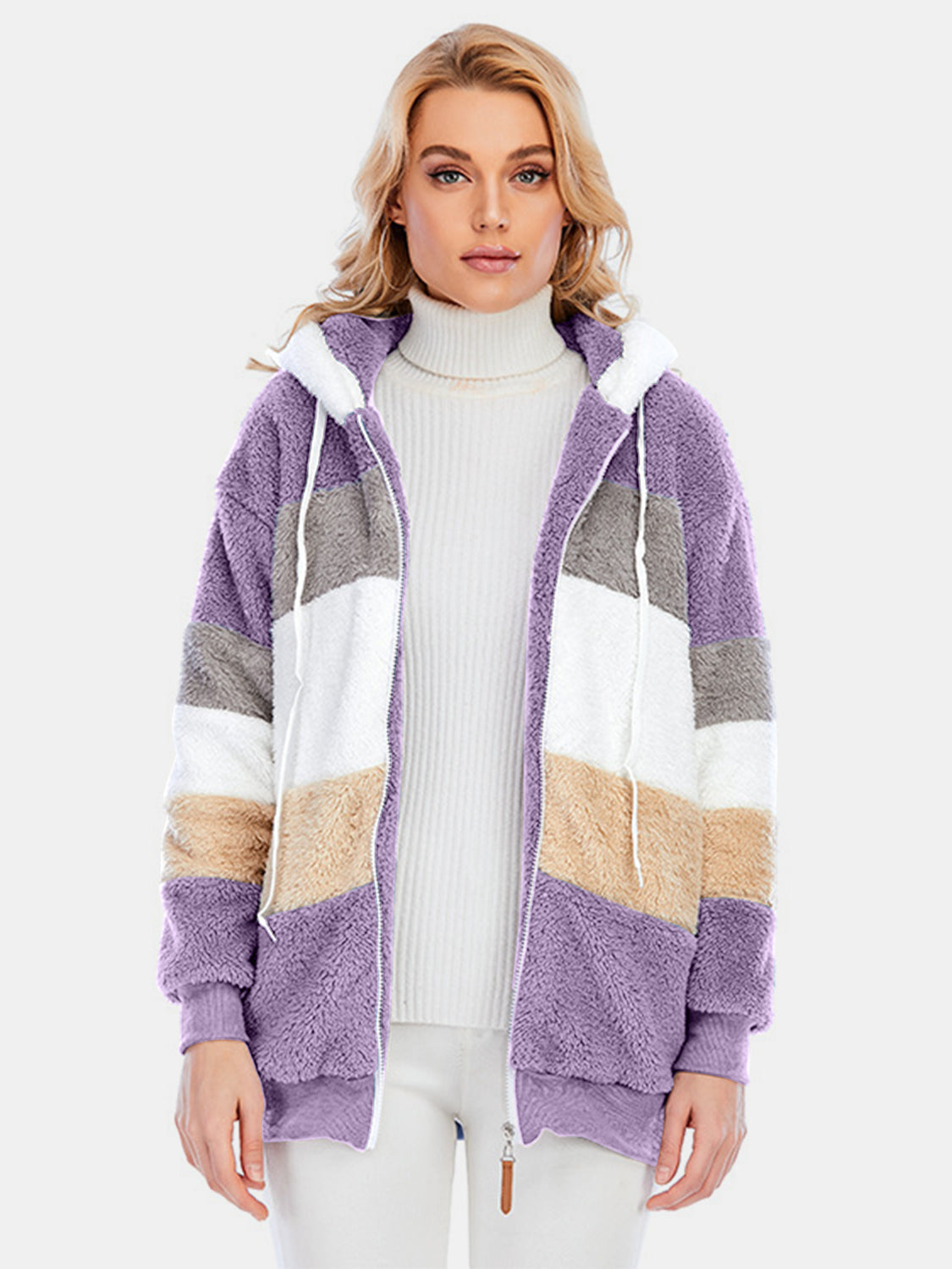 Full Size Drawstring Color Block Zip Up Hooded Outerwear Trandify Deal