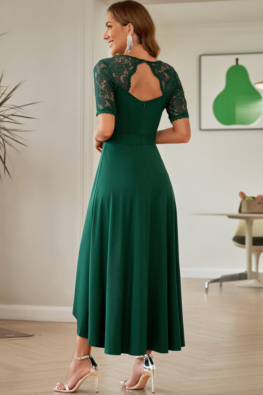 Lace Cutout V-Neck Short Sleeve Dress Trandify Deal