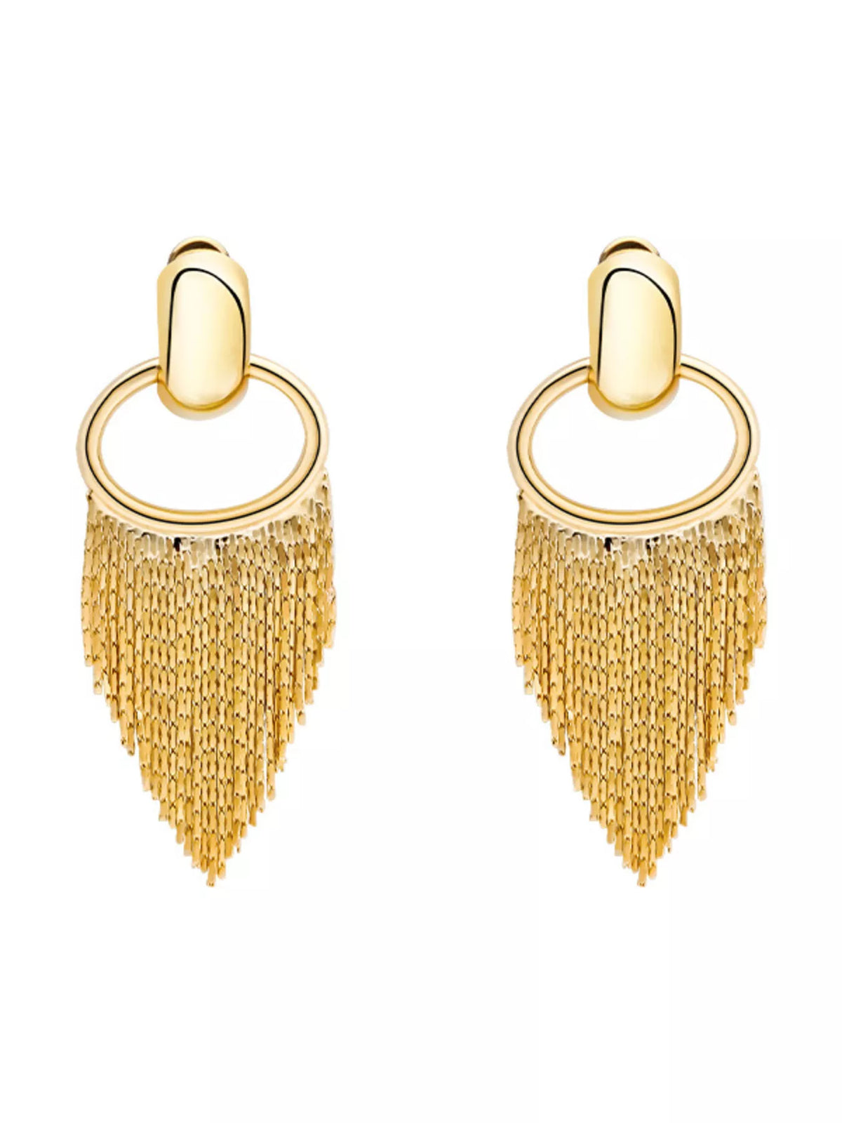 18K Gold Plated Fringe Chain Earrings dangling from a model's ear, showcasing the elegant gold finish and dynamic movement.