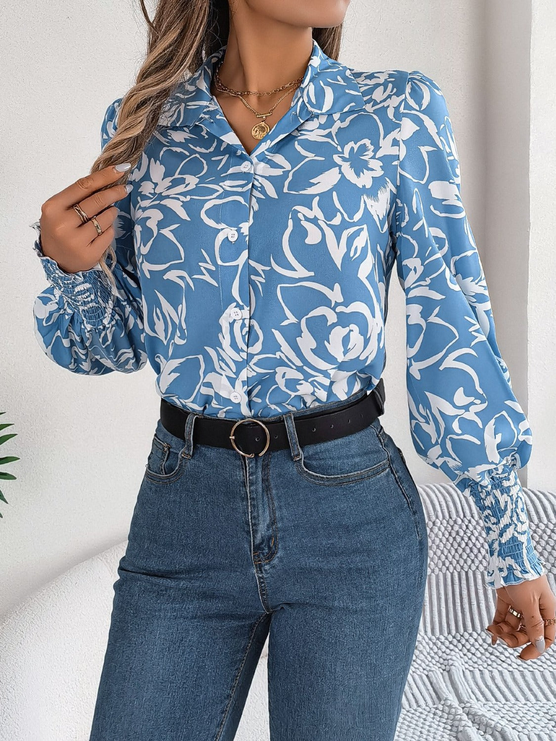 Printed Collared Neck Lantern Sleeve Shirt Trandify deal