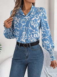 Printed Collared Neck Lantern Sleeve Shirt Trandify deal
