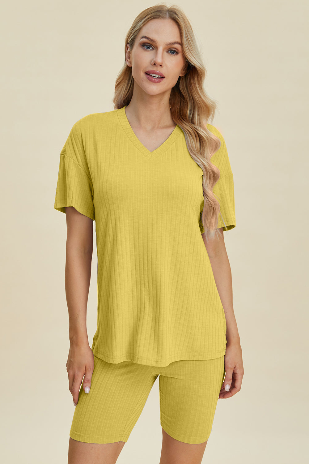 Basic Bae Full Size Ribbed V-Neck Short Sleeve Top and Shorts Set Trandify deal