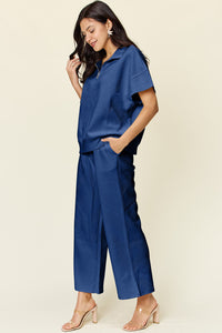 Double Take Full Size Texture Half Zip Short Sleeve Top and Pants Set Trandify Deal