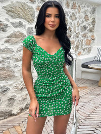 Printed V-Neck Short Sleeve Mini Dress Trandify deal