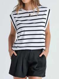 Striped Round Neck Cap Sleeve T-Shirt Trandify deal