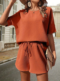 Waffle-Knit Half Sleeve Top and Shorts Set Trandify deal