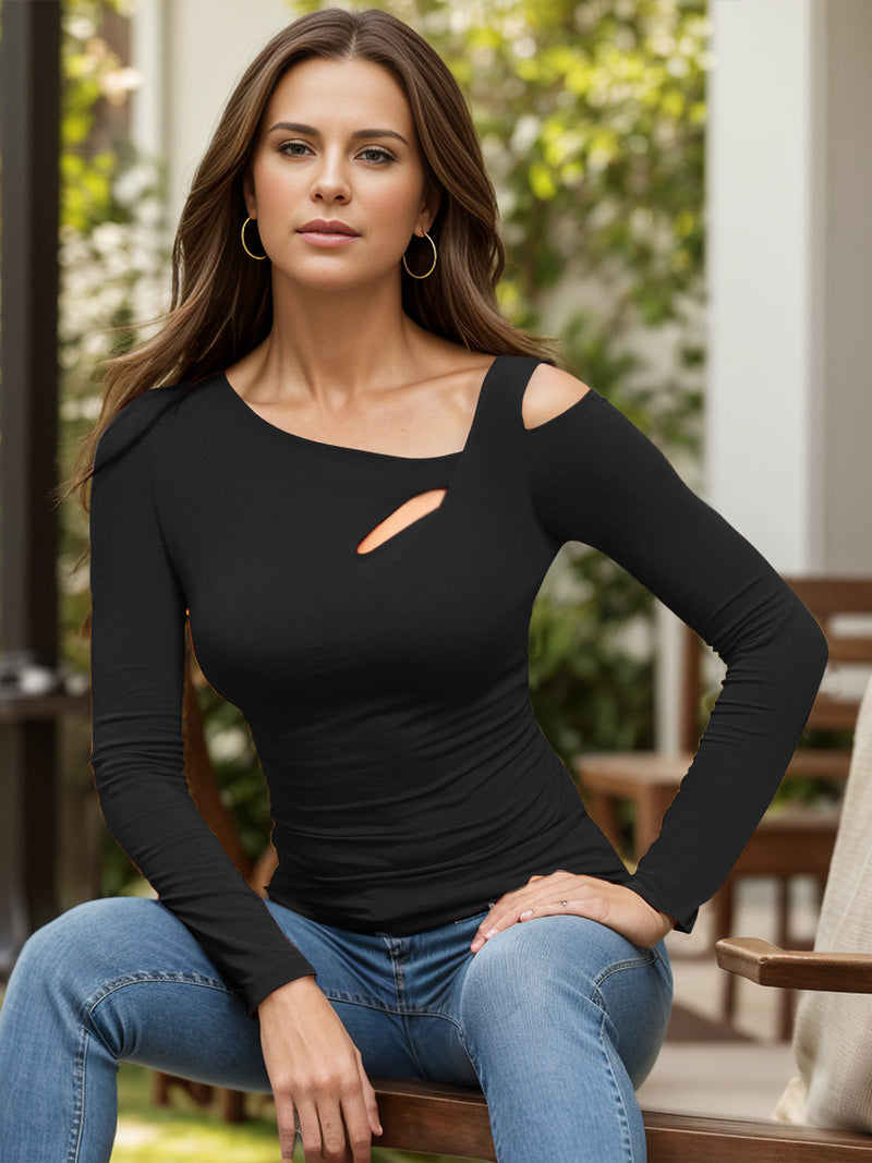 Cutout Asymmetrical Neck Long Sleeve T-Shirt Trandify Deal