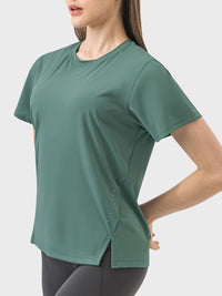 Millennia Slit Round Neck Short Sleeve Active T-Shirt Trandify deal