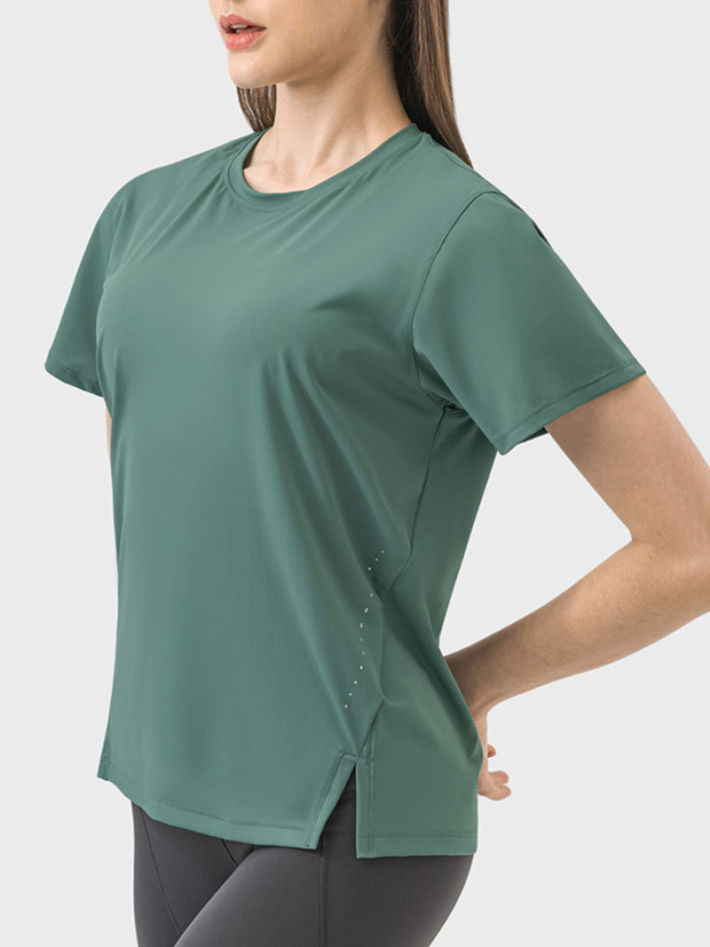 Millennia Slit Round Neck Short Sleeve Active T-Shirt Trandify deal