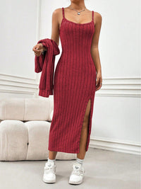 Ribbed Long Sleeve Cropped Cardigan and Slit Cami Dress Set Trandify Deal