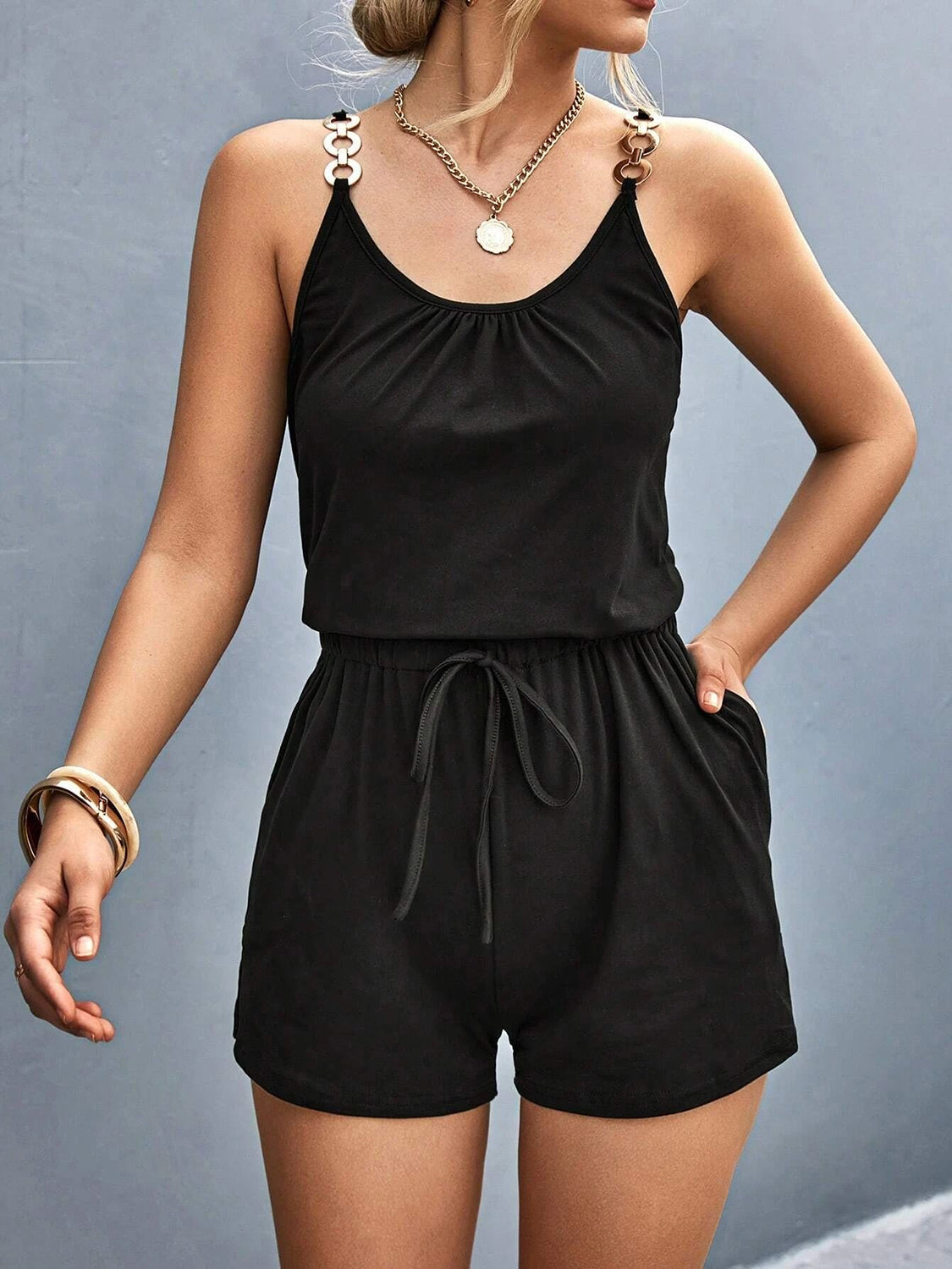 Pocketed Buckle Trim Scoop Neck Romper for Women – Trendy Casual Outfit