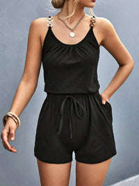 Pocketed Buckle Trim Scoop Neck Romper for Women – Trendy Casual Outfit