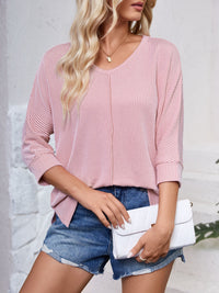 Lovelet Textured Round Neck Three-Quarter Sleeve Blouse Trandify deal