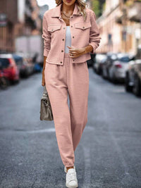 Plaid Texture Snap Down Top and Pants Set Trandify deal