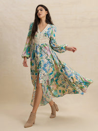Slit Printed V-Neck Long Sleeve Midi Dress Trandify Deal
