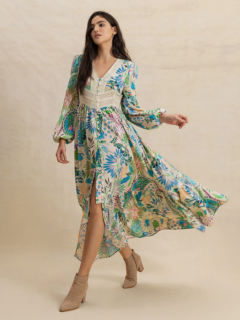 Slit Printed V-Neck Long Sleeve Midi Dress Trandify Deal