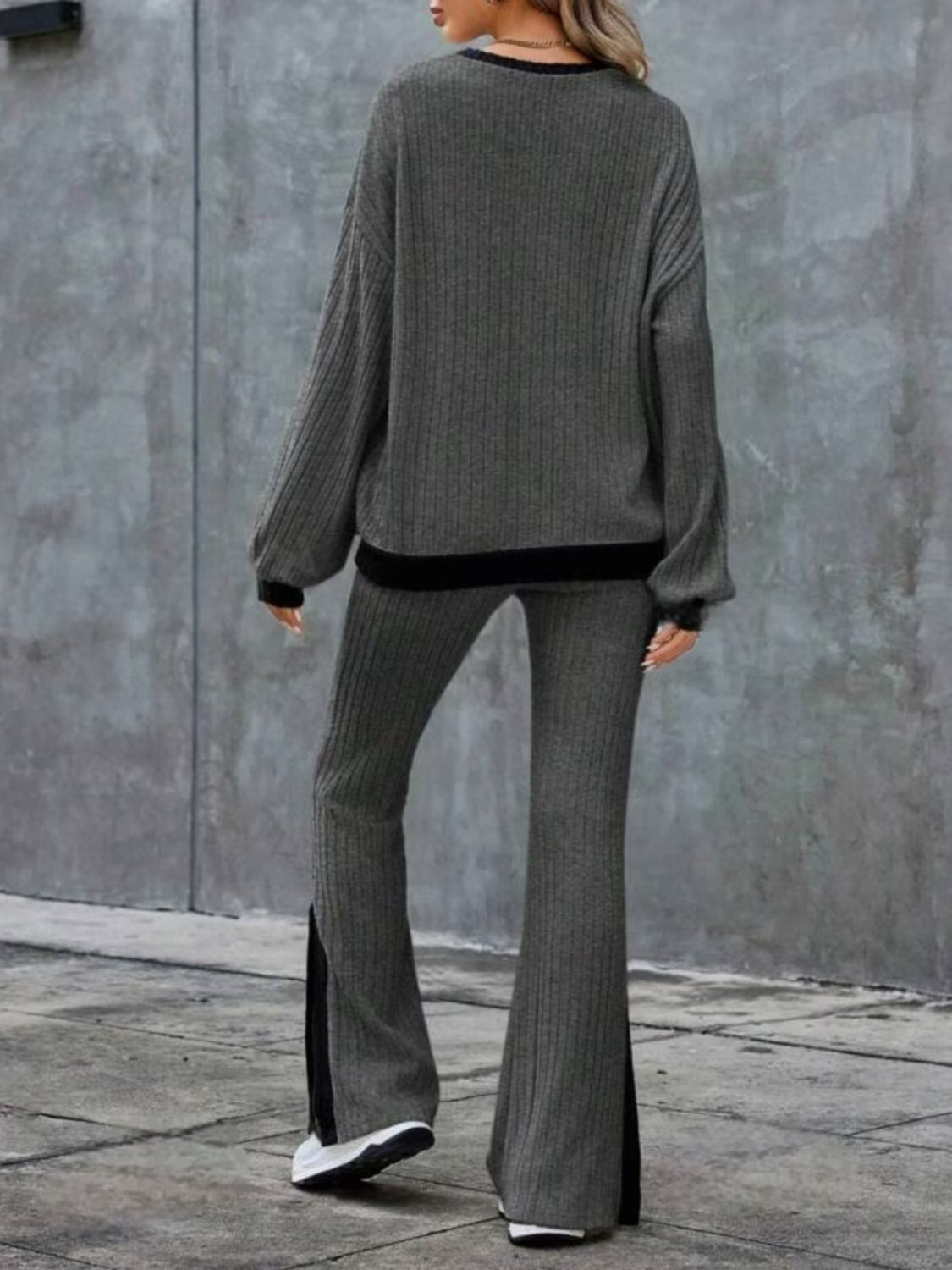 Contrast Round Neck Long Sleeve Top and Bootcut Pants Set Trandify Deal