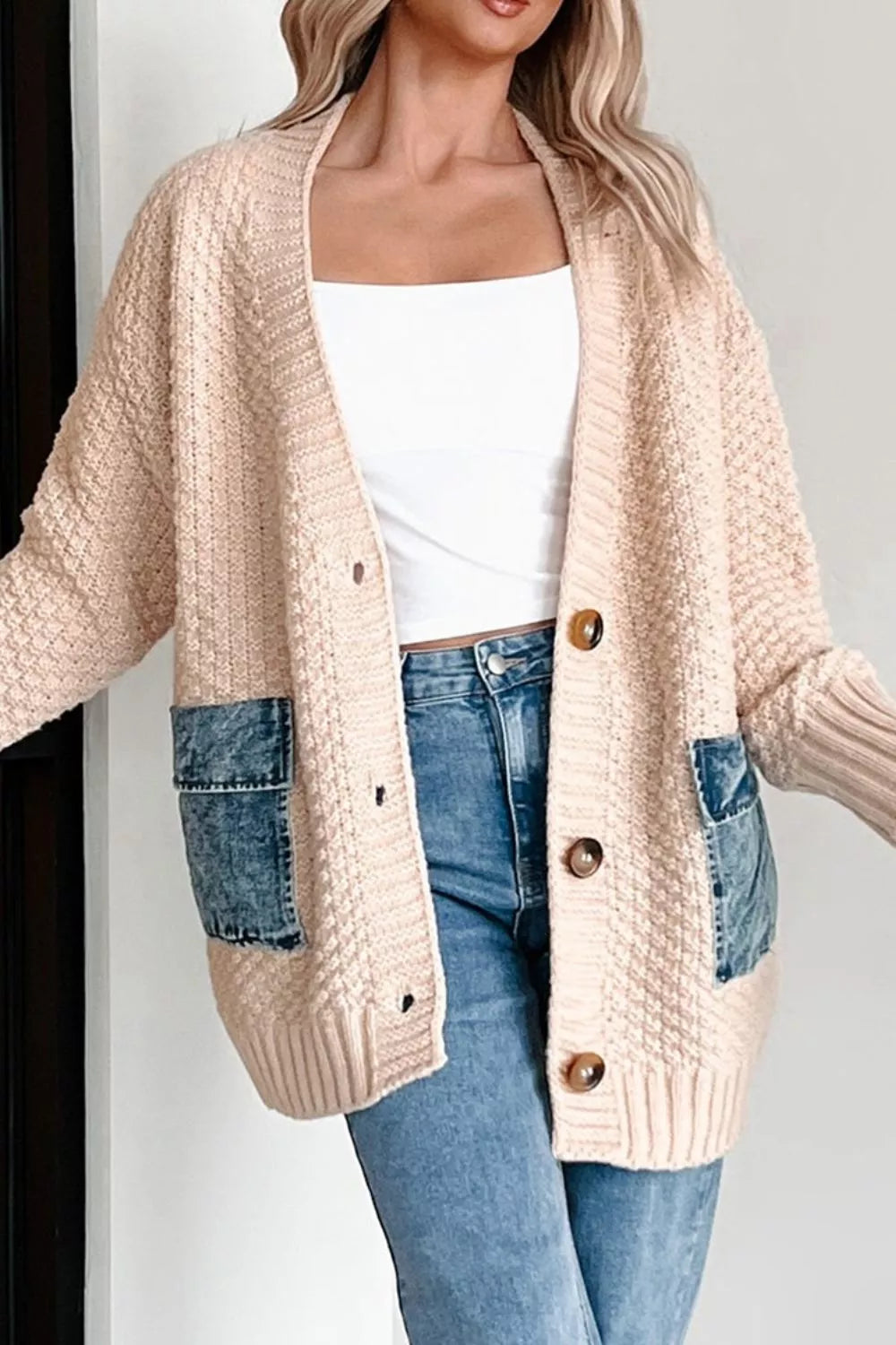 Textured Knit Open Front Cardigan with Pockets