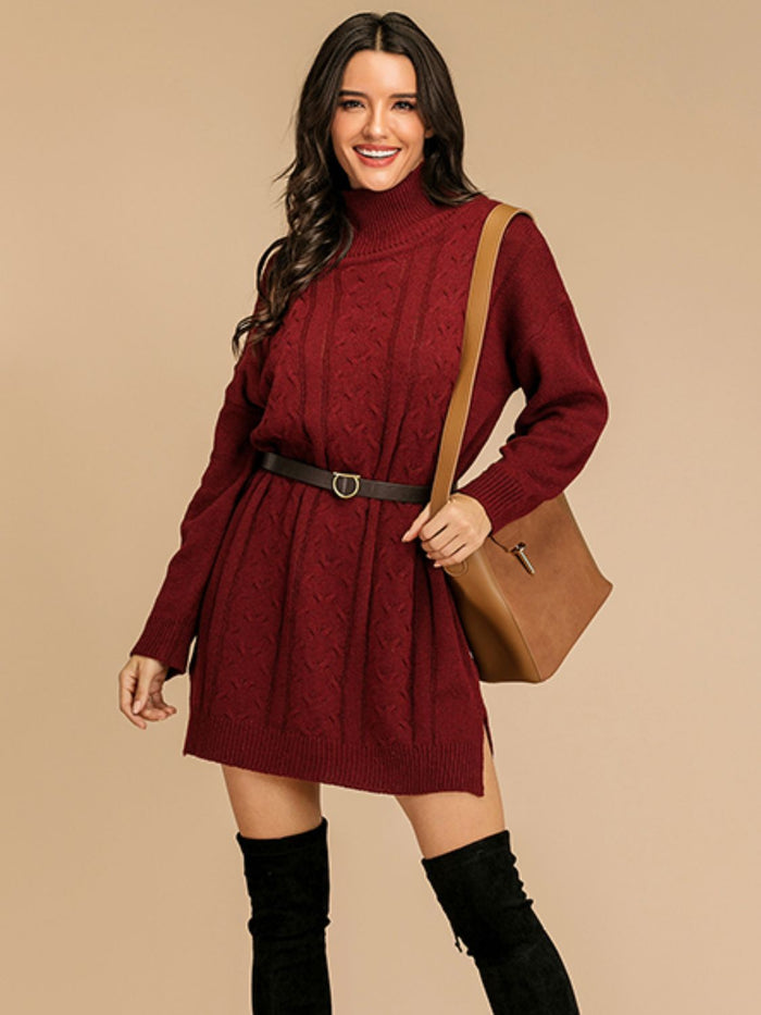 Perfee Slit Turtleneck Long Sleeve Mini Sweater Dress Trandify Deal