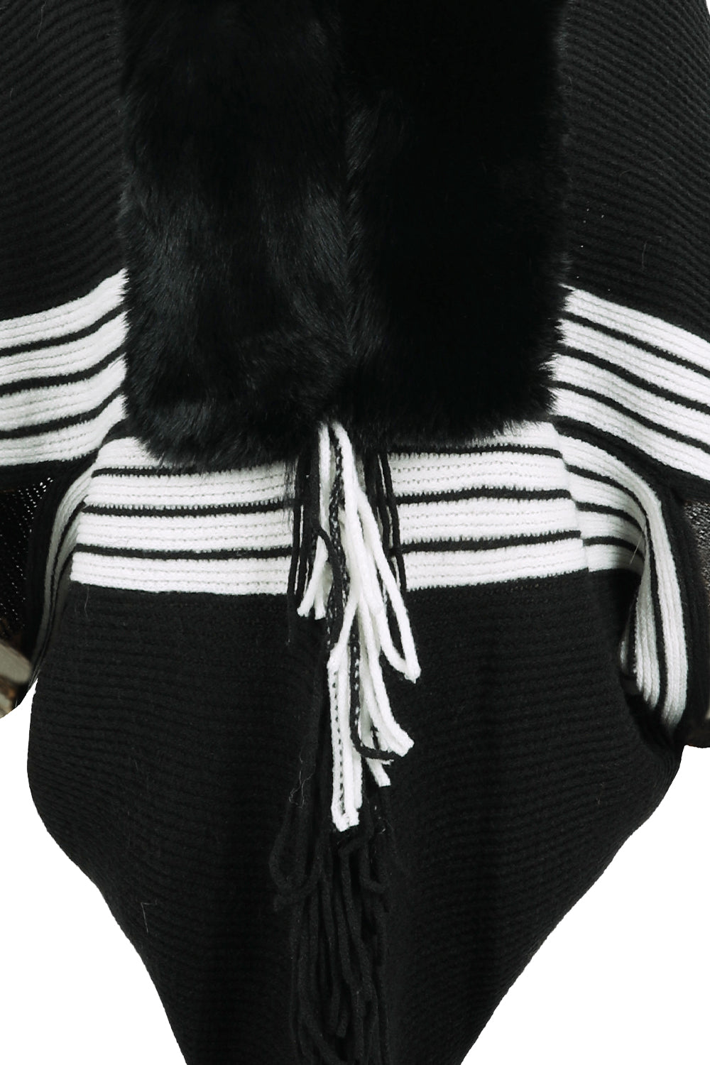 Striped Fringe Detail Long Sleeve Poncho Trandify deal