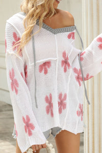 Drawstring Flower Hooded Knit Top Trandify Deal