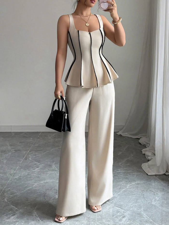Plus-size Stylish Piping Top and Wide Leg Pants Set for casual wear
