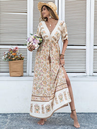 Drawstring Printed Plunge Half Sleeve Dress Trandify Deal