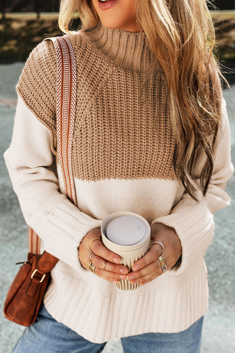 Slit Color Block Turtleneck Long Sleeve Sweater Trandify Deal