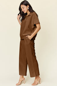 Double Take Full Size Texture Half Zip Short Sleeve Top and Pants Set Trandify Deal