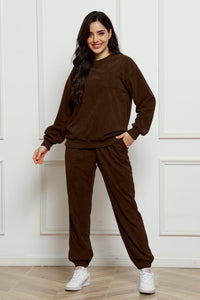Corduroy Round Neck Sweatshirt and Sweatpants Set Trandify Deal