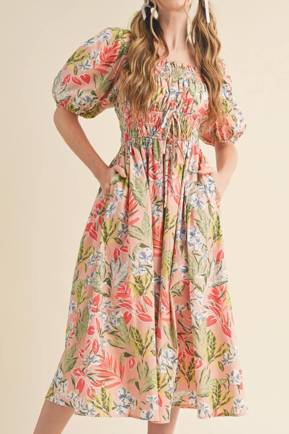 Floral Smocked Square Neck Puff Sleeve Midi Dress for Women – Summer Outfit USA