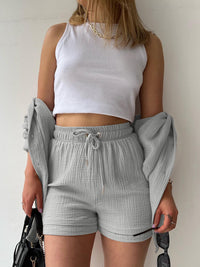 Texture Button Up Shirt and Drawstring Shorts Set Trandify deal