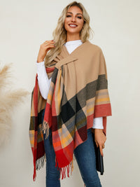 Fringe Contrast Plaid Poncho - Stylish Bohemian Outerwear for Women - TrandifyDeal