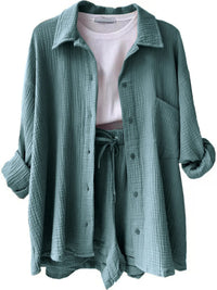 Trendy linen-blend two-piece set for women, stylish matching shirt and shorts