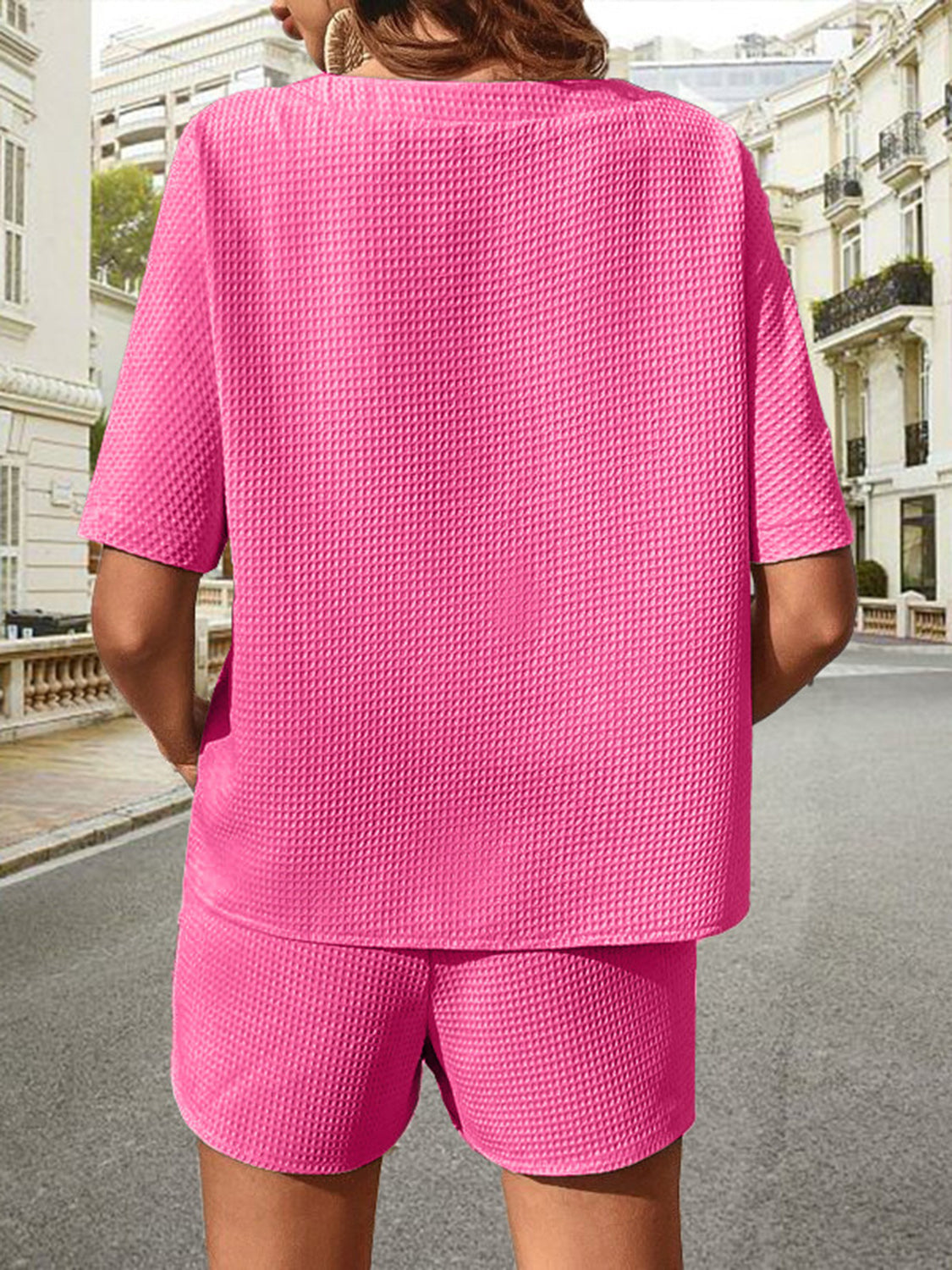 Waffle-Knit Half Sleeve Top and Shorts Set Trandify deal