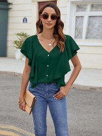 Ruffled V-Neck Short Sleeve Top Trandify deal