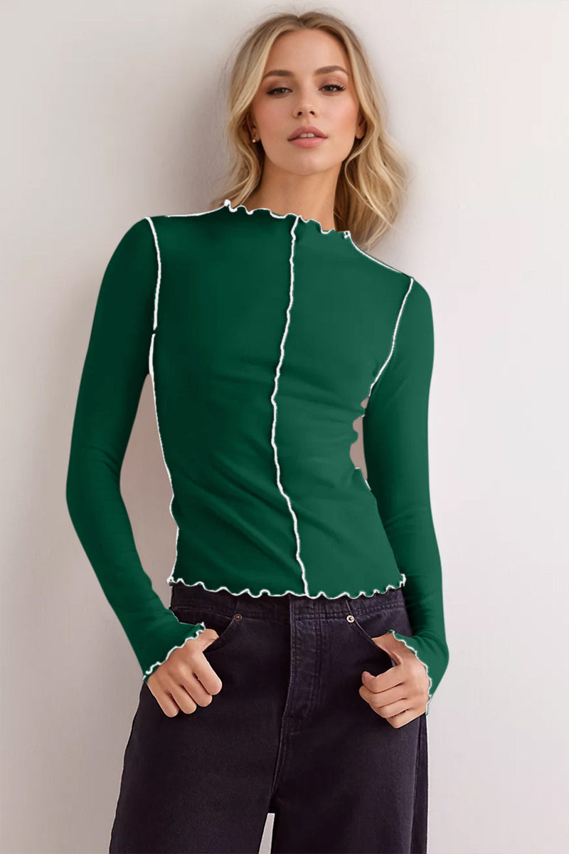 Basic Bae Contrast Trim Mock Neck Long Sleeve T-Shirt Trandify Deal