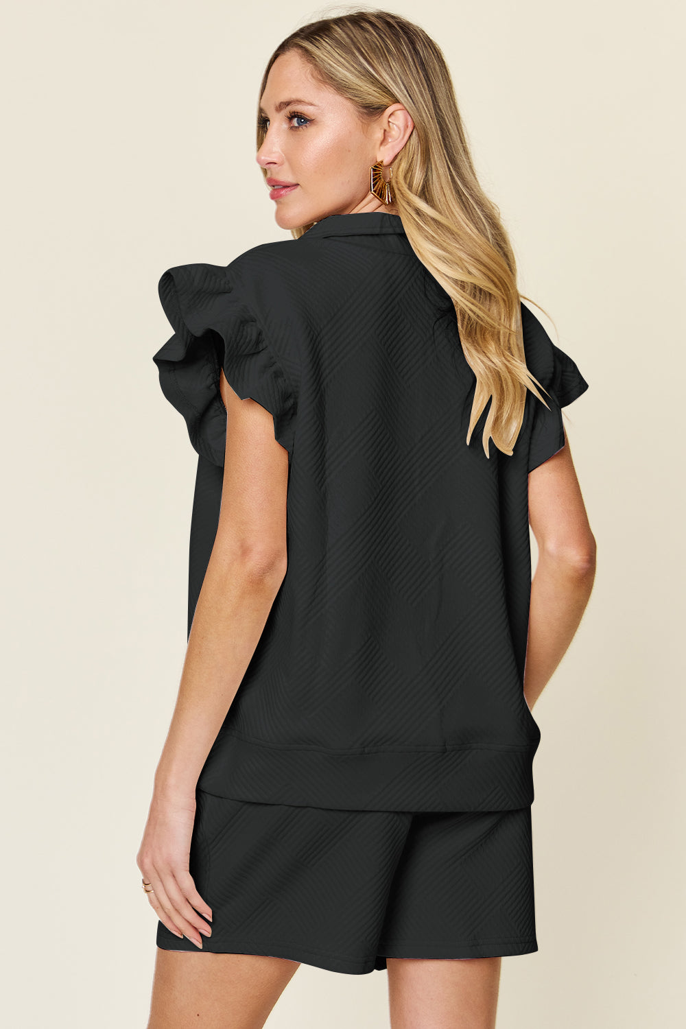 Double Take Full Size Texture Flounce Sleeve Top and Drawstring Shorts Set - Trandify Deal