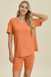 Basic Bae Full Size Ribbed V-Neck Short Sleeve Top and Shorts Set Trandify deal