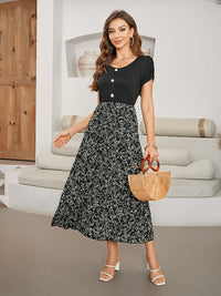 Printed Round Neck Short Sleeve Midi Dress Trandify Deal