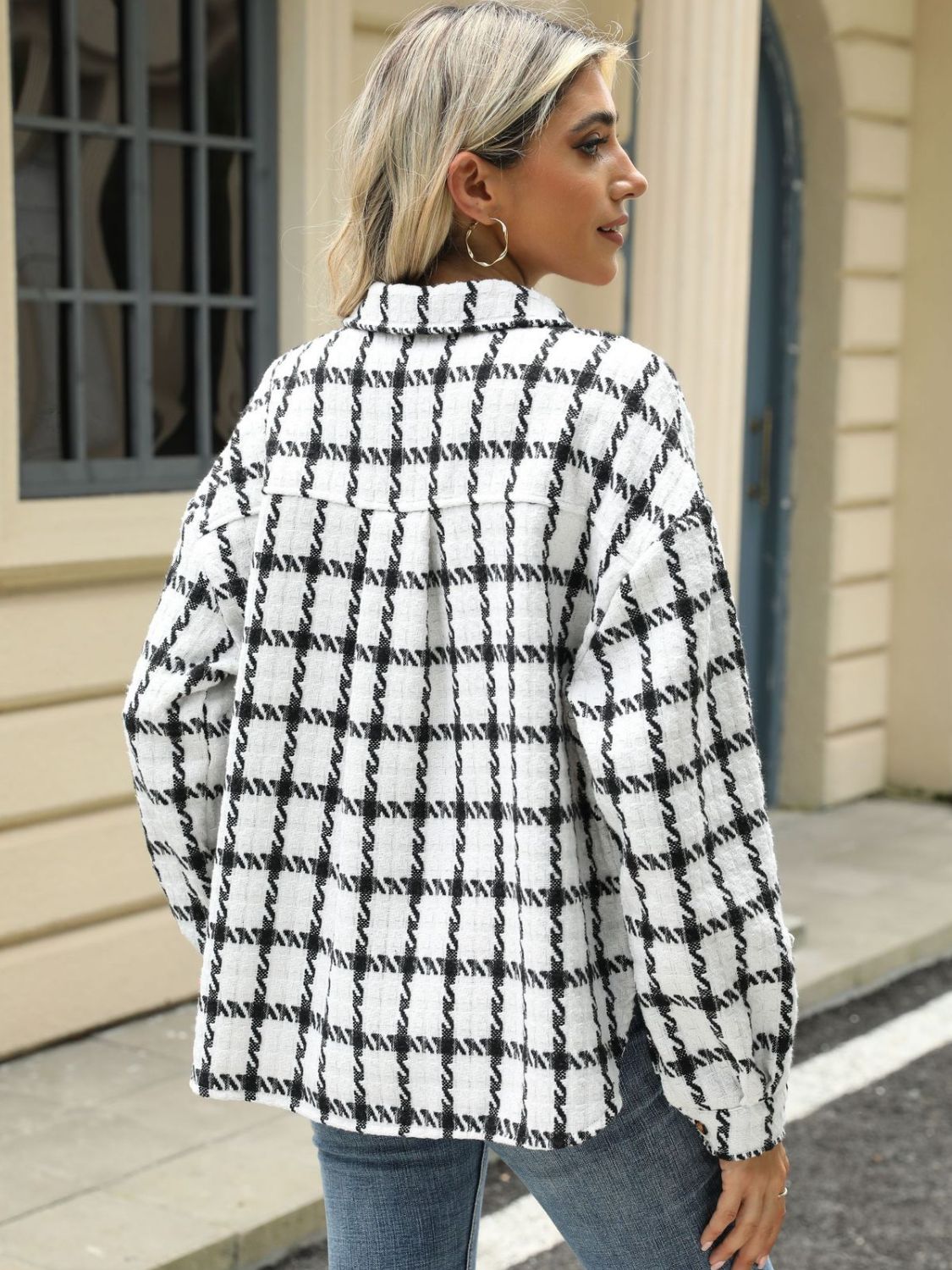 Plaid Collared Neck Long Sleeve Jacket Trandify Deal