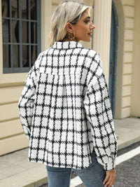 Plaid Collared Neck Long Sleeve Jacket Trandify Deal