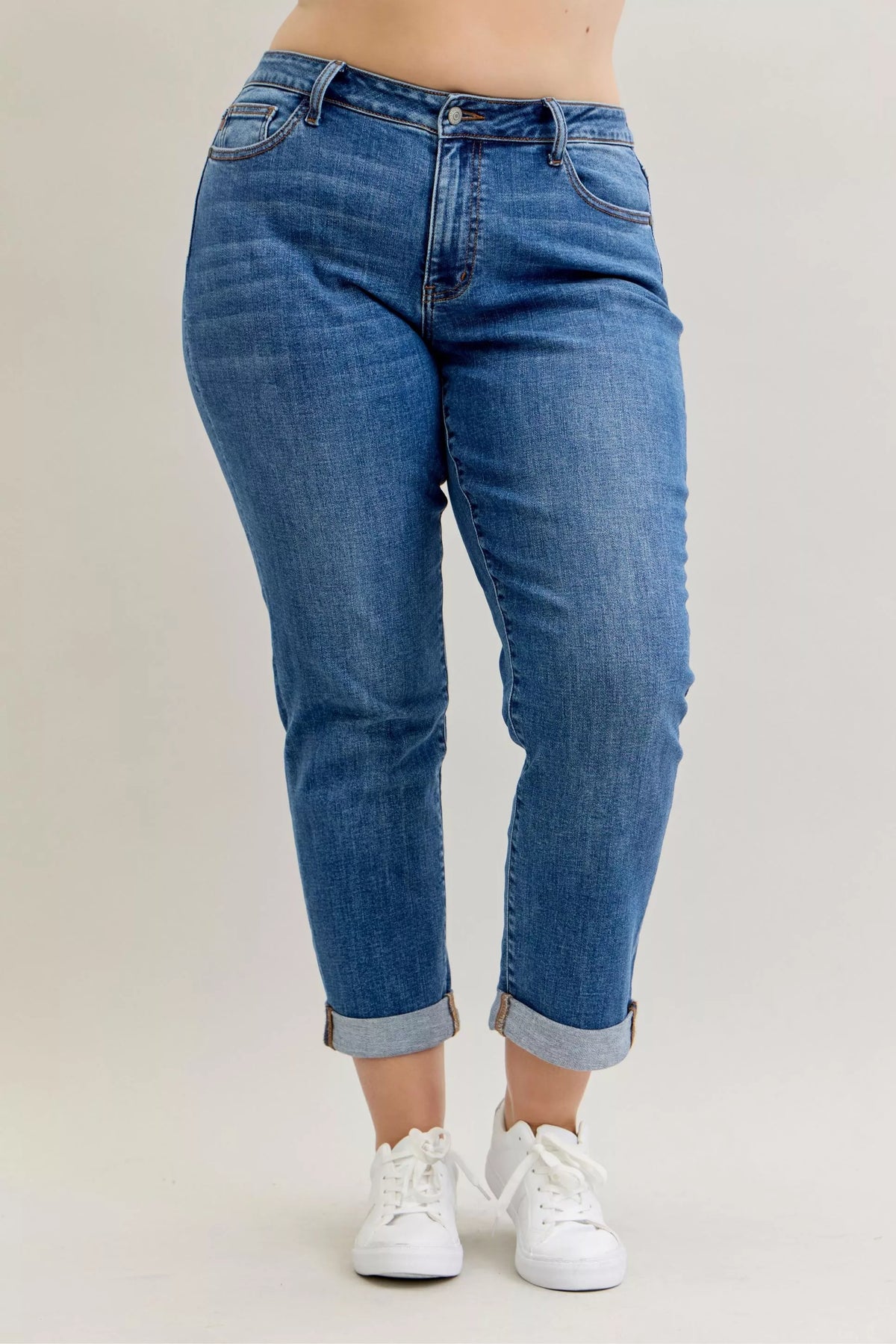 Plus Size Judy Blue Cuffed Jeans in a mid-rise, classic fit shown on a model.