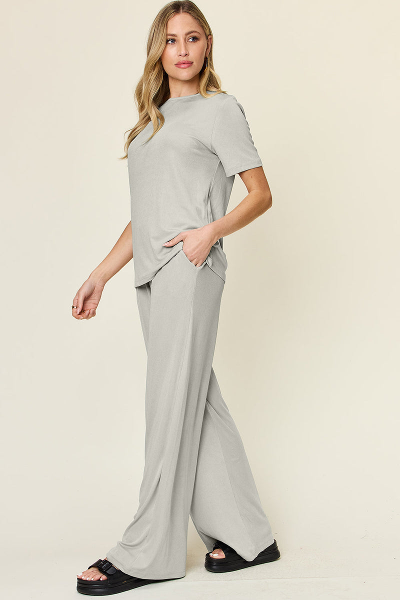 Double Take Full Size Round Neck Short Sleeve T-Shirt and Wide Leg Pants Set Trandify Deal