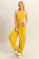 Crop Top and Cargo Pants Set in Yellow, Y2K streetwear fashion outfit.