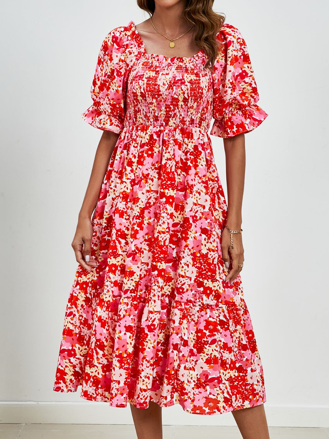Smocked Floral Square Neck Short Sleeve Dress Trandify deal