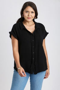 Trendy Women’s Frayed Hem Collared Shirt – Short Sleeve Casual Top