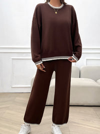Devine Round Neck Dropped Shoulder Top and Pants Sweater Set Trandify Deal