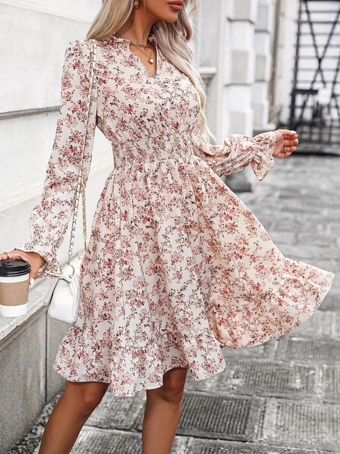 Ruffle Hem Floral Surplice Long Sleeve Dress Trandify Deal