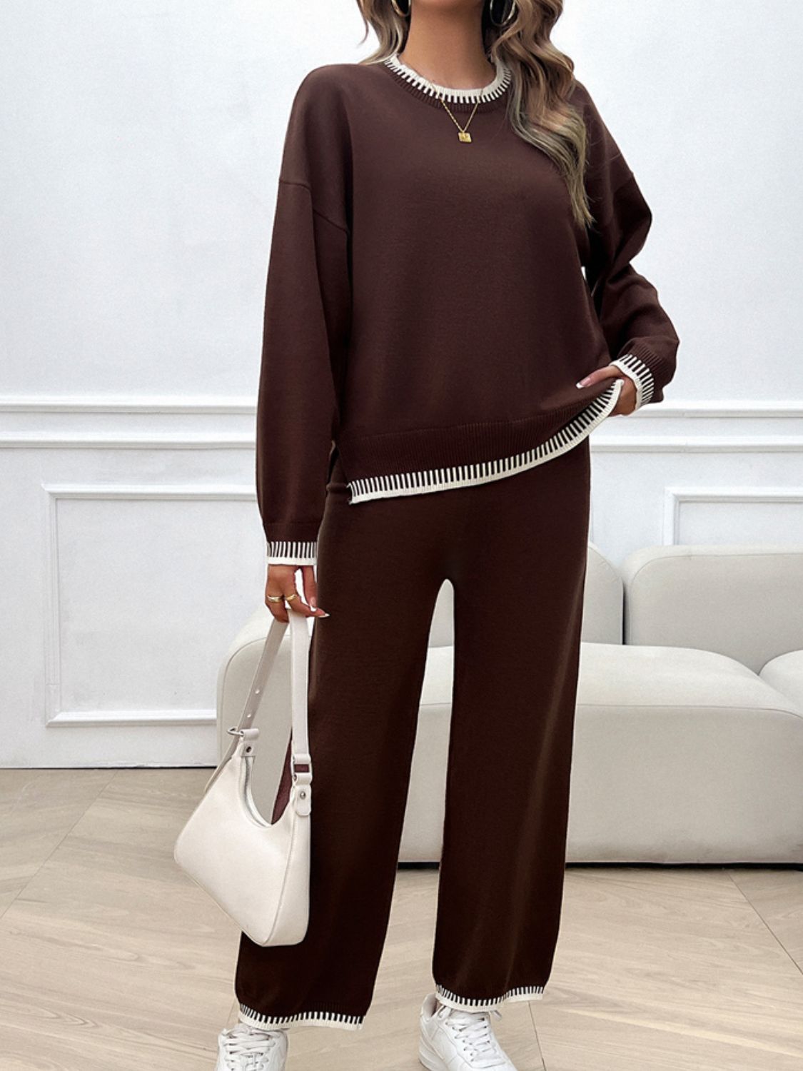 Devine Round Neck Dropped Shoulder Top and Pants Sweater Set Trandify Deal